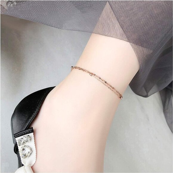 RoseGold Ankle Bracelets for Women - Adjustable Layered Anklets - RoseGold Plate - Picture 5 of 8